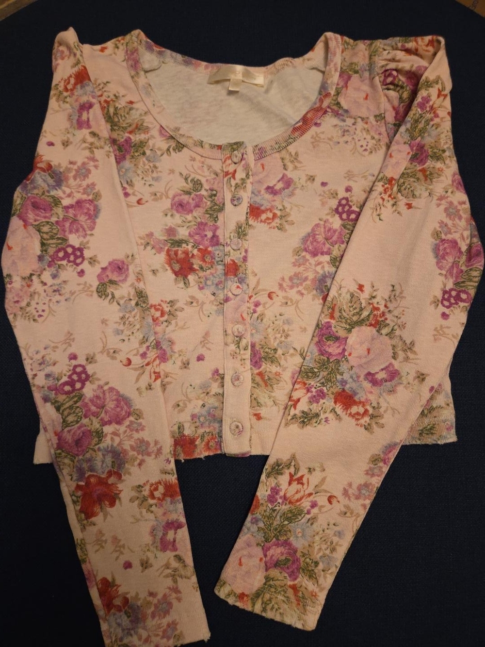 LoveShackFancy Floral Ribbed Cropped Henley Top XS Puff Sleeve Cottagecore